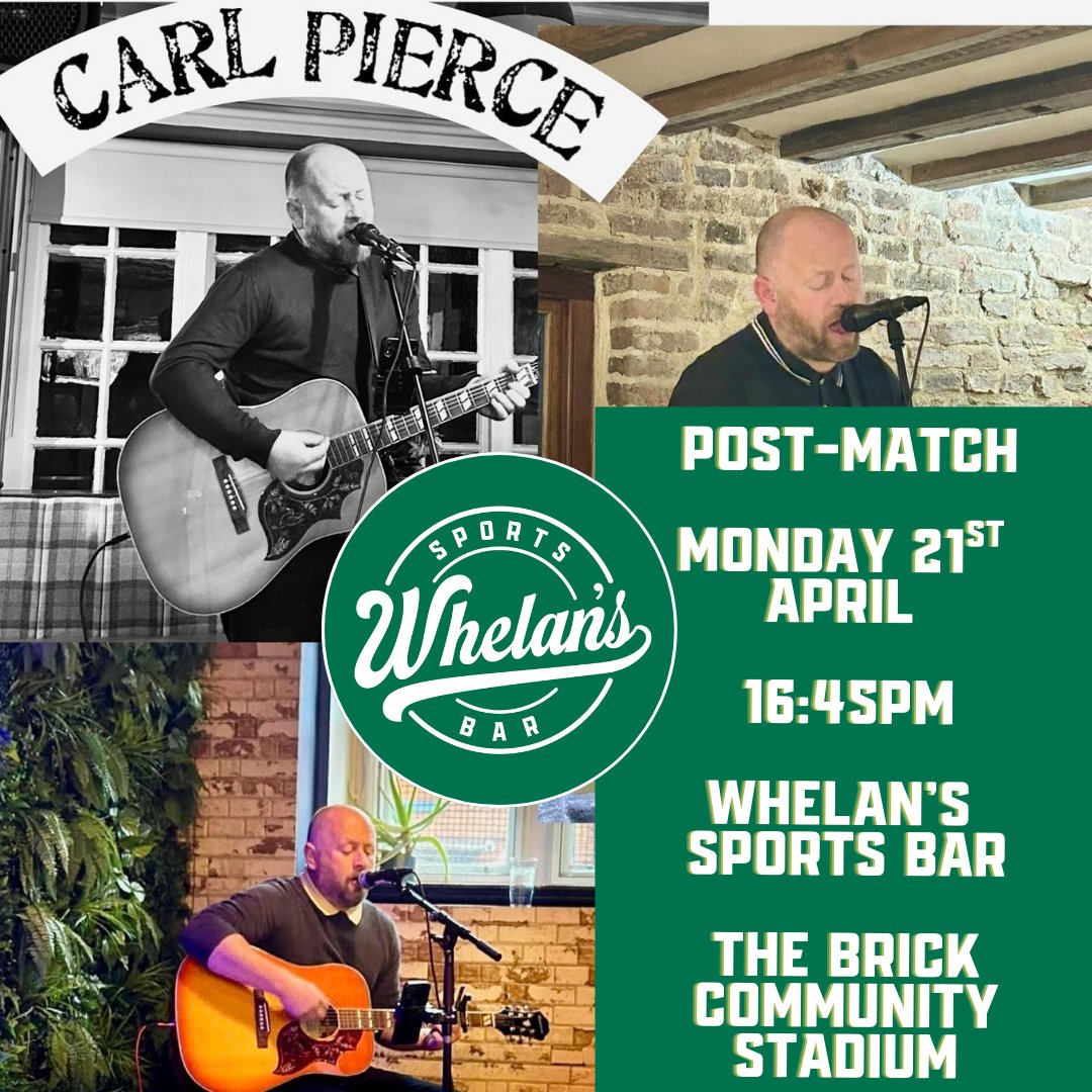 Carl Pierce performing at Whelan’s!💚

Join us this Bank Holiday Monday after Latics take on Rotherham.
Grab a pint, bring your mates, and enjoy live music from Carl Pierce 🎶

📅Monday 21st April
⏰4:45 PM
📍Whelan’s, The Brick Community Stadium

#Latics #Whelans #WAFC #Matchday