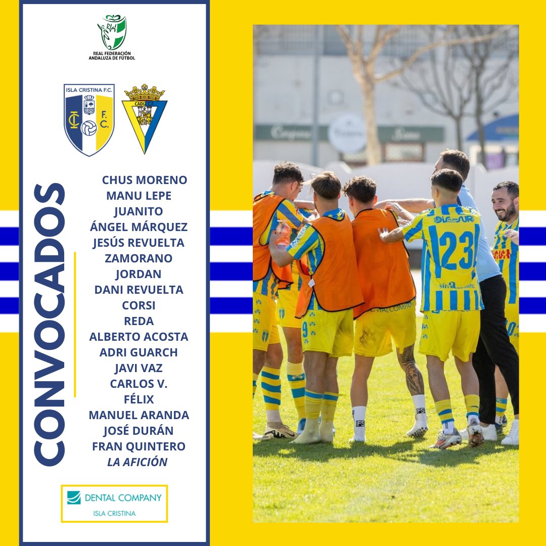 🟡¡MAÑANA JUGAMOS! ¡MAÑANA ES DÍA DE ISLA CRISTINA FC!🔵

🫡 𝗖𝗢𝗡𝗩𝗢𝗖𝗔𝗧𝗢𝗥𝗜𝗔 | Lista de Antonio Santana.
Mañana lo haces TÚ también.

🆚 Cádiz Club de Fútbol “C”
⏰ 12:00h | 13/04
🏟️ Estadio Municipal de Isla Cristina

#SiempreIsla💛💙
#LlenemosElMunicipal