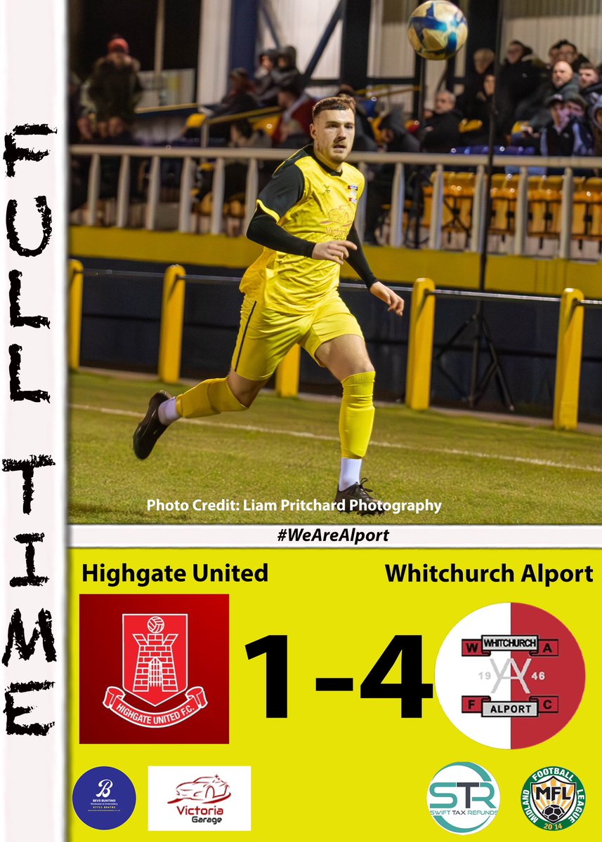 FT <a href="/HighgateUnited/">Highgate United FC</a> 1 <a href="/alportfc/">Whitchurch Alport Football Club</a> 4

A much better 2nd half from the lads see us finish the season with a good win and our highest ever league position #WeAreAlport🔴⚪️