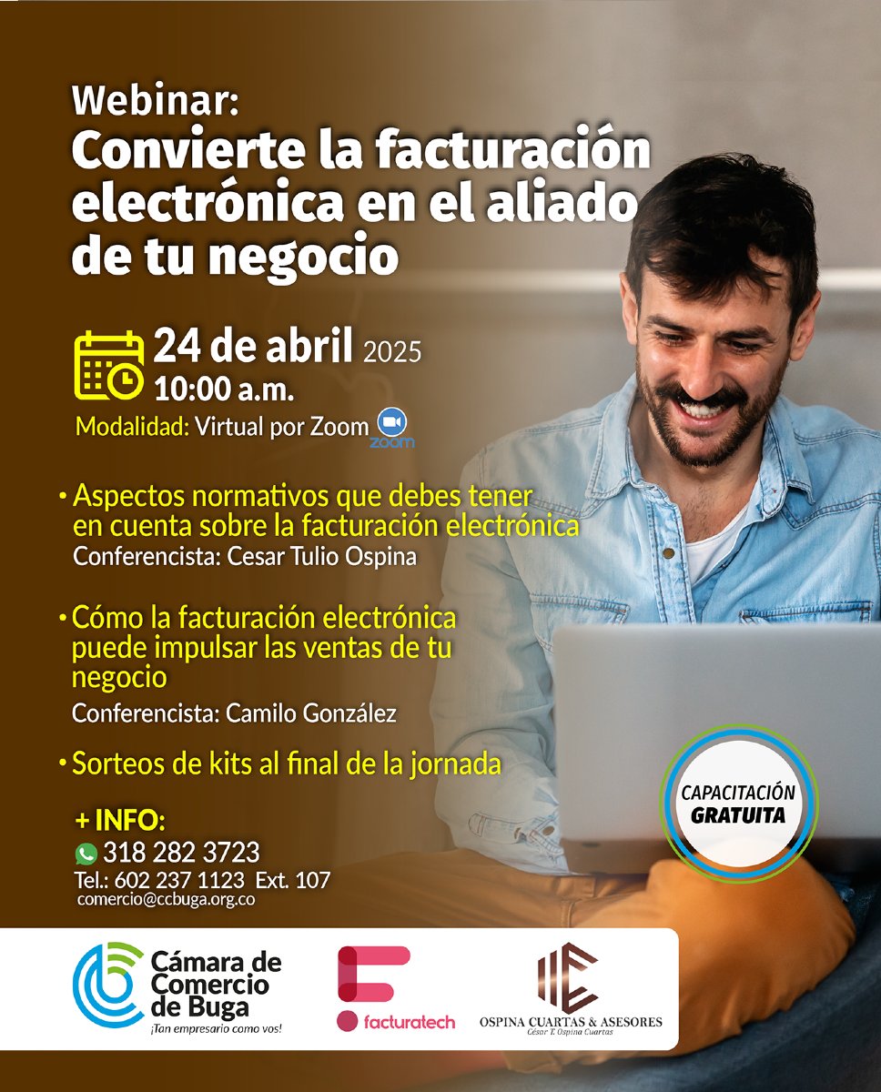📢 Convierte la facturación electrónica en el aliado de tu negocio 📢

 En esta sesión gratuita virtual resolveremos todas tus dudas y profundizaremos en:

 ✅ Aspectos normativos que debes tener en cuenta sobre la facturación electrónica
💁‍♂️ Conferencista: Cesar Tulio Ospina

✅