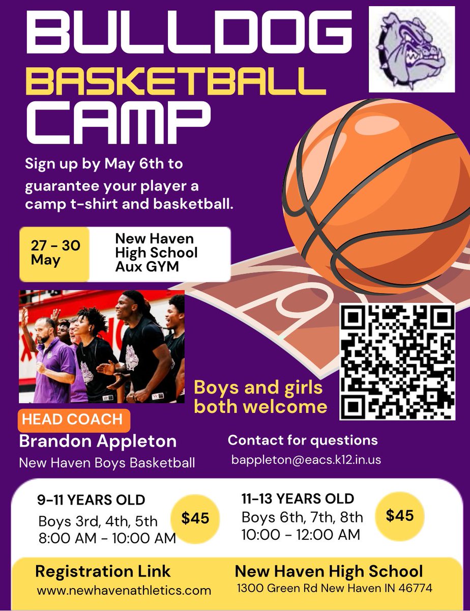 Get your players signed up for CAMP ASAP!  Great chance to meet our high school players and learn the game.  Every camper gets a basketball and a t-shirt! Scan the QR code to pay online.  Sign up by May 6th to guarantee enough shirts and basketballs!  #bulldog #family