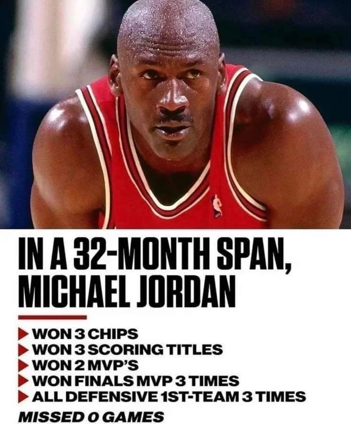 Remember

Jordan, in 32 months, gave us more greatness than LeBron could manage if he played 32 YEARS

Also in this stretch
- Greatest season ever
- Game-winner in most watched game ever
- 305 games w/o losing 3 straight

The goat debate is NBA media sham