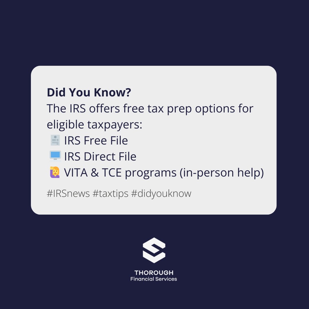 joelleecpa's tweet photo. Did you know?
The IRS offers free tax prep options for eligible taxpayers:
🧾 IRS Free File
🖥️ IRS Direct File
🙋‍♀️ VITA &amp; TCE programs (in-person help)
Explore your options and file with confidence.

🔗 Learn more: IRS

#FreeTaxHelp #IRSPrograms #TaxFilingSupport https://t.co/6hGFnklxTl