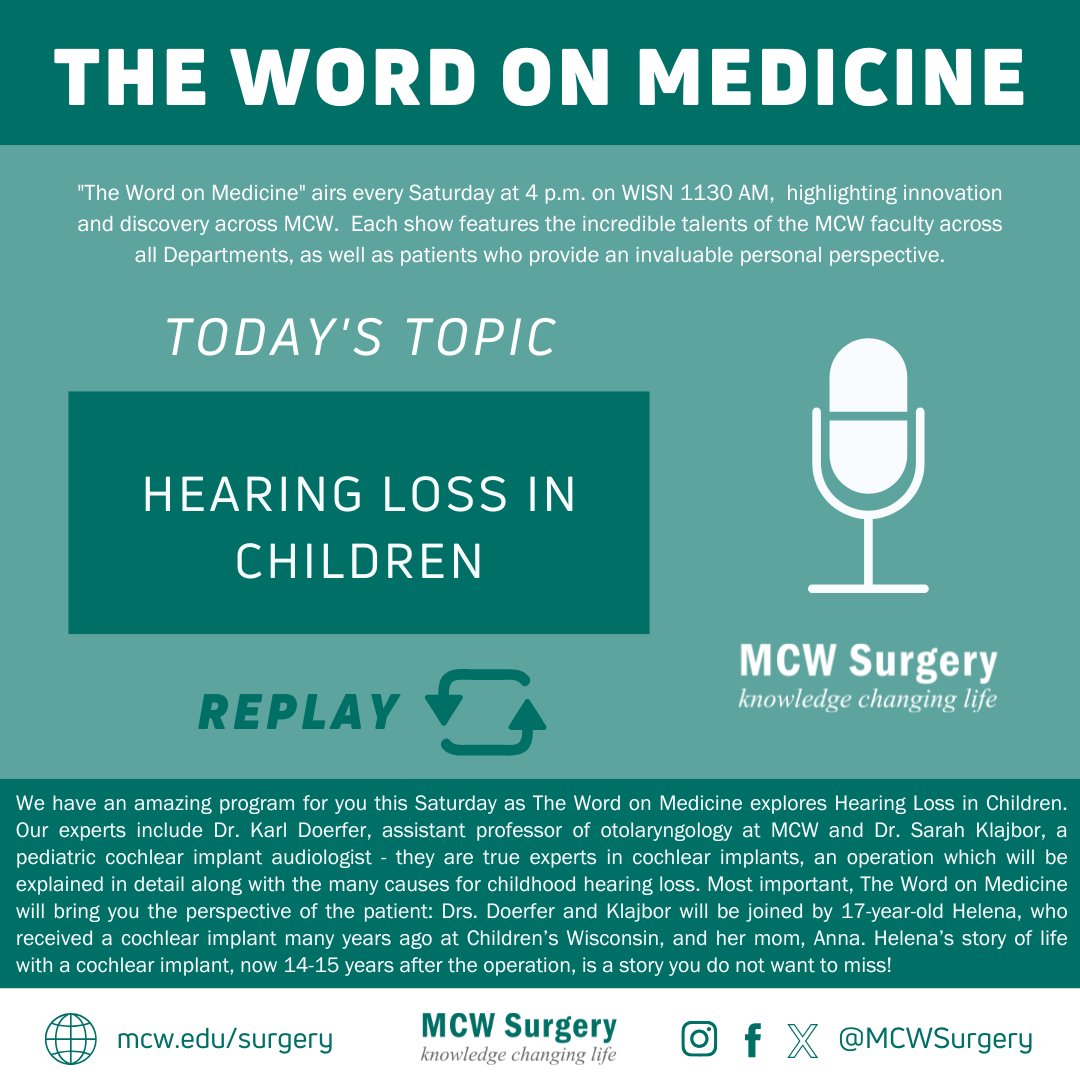 MCW Surgery (@mcwsurgery) on Twitter photo The #WordOnMedicine airs today at 4PM on <a href="/newstalk1130/">News/Talk 1130 WISN</a> & discusses Hearing Loss in Children!
Listen live here: t.ly/UPWW
All #WOM Episodes: t.ly/bsKQ
<a href="/MedicalCollege/">Medical College of Wisconsin</a> #LeadingTheWay The #WordOnMedicine airs today at 4PM on <a href="/newstalk1130/">News/Talk 1130 WISN</a> & discusses Hearing Loss in Children!
Listen live here: t.ly/UPWW
All #WOM Episodes: t.ly/bsKQ
<a href="/MedicalCollege/">Medical College of Wisconsin</a> #LeadingTheWay