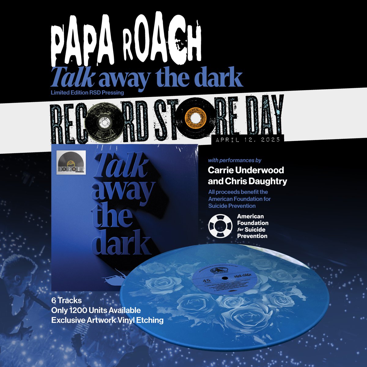 paparoach's tweet image. The Talk Away The Dark limited @recordstoreday  pressing is being released TODAY at participating record stores only. Limited to 1200 Units.

All proceeds benefit the @afspnational 💙💡

Find a store near you at recordstoreday.com
#RSD25 #RSD2025 #RecordStoreDay2025