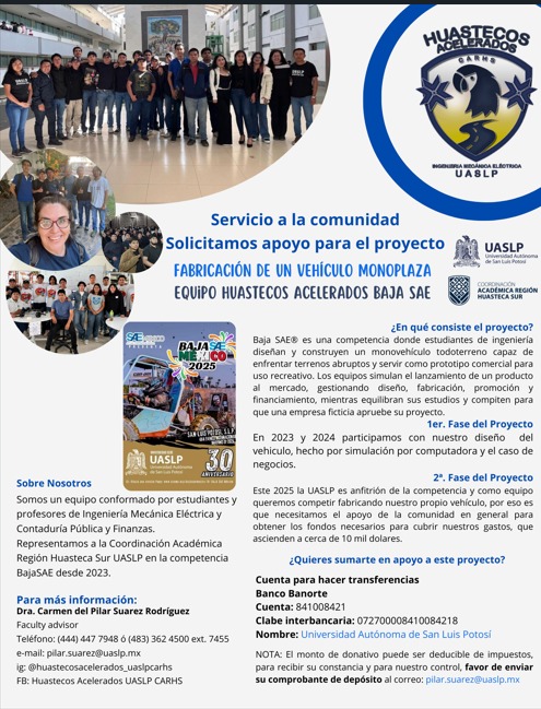 somim_mx's tweet photo. Los "Huastecos Acelerados" de la UASLP, necesitan de tu apoyo 🤩

Los donativos son deducibles de impuestos☝️

¡Éxito, jóvenes! 🥳 https://t.co/o7O4TPgKgg