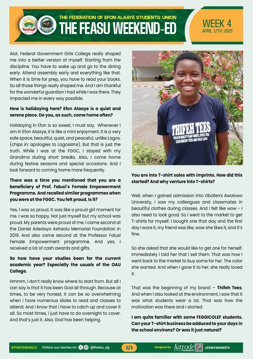 ferms_ola's tweet photo. In the 4th week of the FEASU Weekend-Ed, Thifeh Tees recalled her days at the FGGC Efon-Alaaye, how her T-shirt brand came to the fore, and gave reasons for her interest in the union’s activities. https://t.co/bsButgqxVS