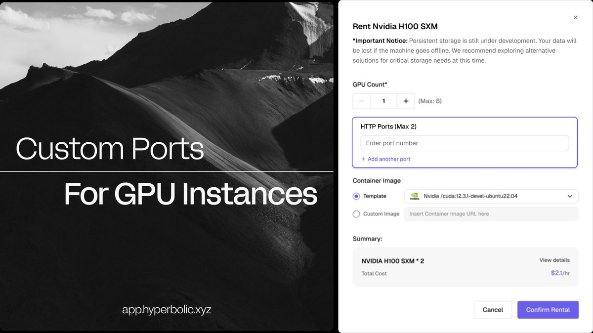 Money Small (@moneysmall12) on Twitter photo <a href="/hyperbolic_labs/">Hyperbolic</a> recently added Custom port configuration for GPU instances on <a href="/hyperbolic_labs/">Hyperbolic</a>
GPU marketplace isn't that amazing .
<a href="/hyperbolic_labs/">Hyperbolic</a> GPU marketplace was built to give AI developers fast, affordable access to compute with zero friction.
<a href="/hyperbolic_labs/">Hyperbolic</a> also <a href="/hyperbolic_labs/">Hyperbolic</a> recently added Custom port configuration for GPU instances on <a href="/hyperbolic_labs/">Hyperbolic</a>
GPU marketplace isn't that amazing .
<a href="/hyperbolic_labs/">Hyperbolic</a> GPU marketplace was built to give AI developers fast, affordable access to compute with zero friction.
<a href="/hyperbolic_labs/">Hyperbolic</a> also