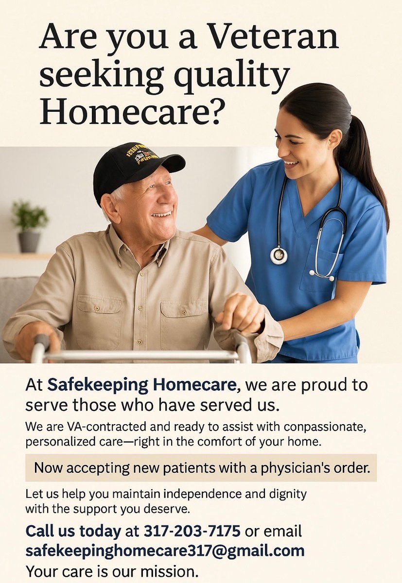 safekeeping317's tweet photo. Now accepting new patients with a physician’s order.
Let us help you maintain independence and dignity with the support you deserve.

Call us today at 317-203-7175 or email safekeepinghomecare317@gmail.com
Your care is our mission.

#VeteranCare #HomecareForHeroes #Safekeeping https://t.co/tngH9d8zQl