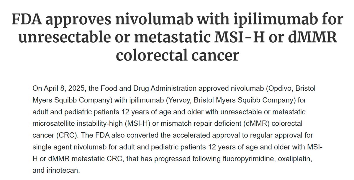Happened this week:  <a href="/FDA/">FDA</a> approves Nivo/Ipi vs. Nivo alone for #MSIhigh or #dMMR met #colorectal #cancer #Checkmate8HW 
☑️Median PFS was NR in the combo arm vs. 39.3M (HR = 0.62 [95% CI: 0.48, 0.81] 
☑️ORR = 71% vs. 58% (p-value 0.0011)
<a href="/bmsnews/">Bristol Myers Squibb</a> #CancerResearch #immunotherapy