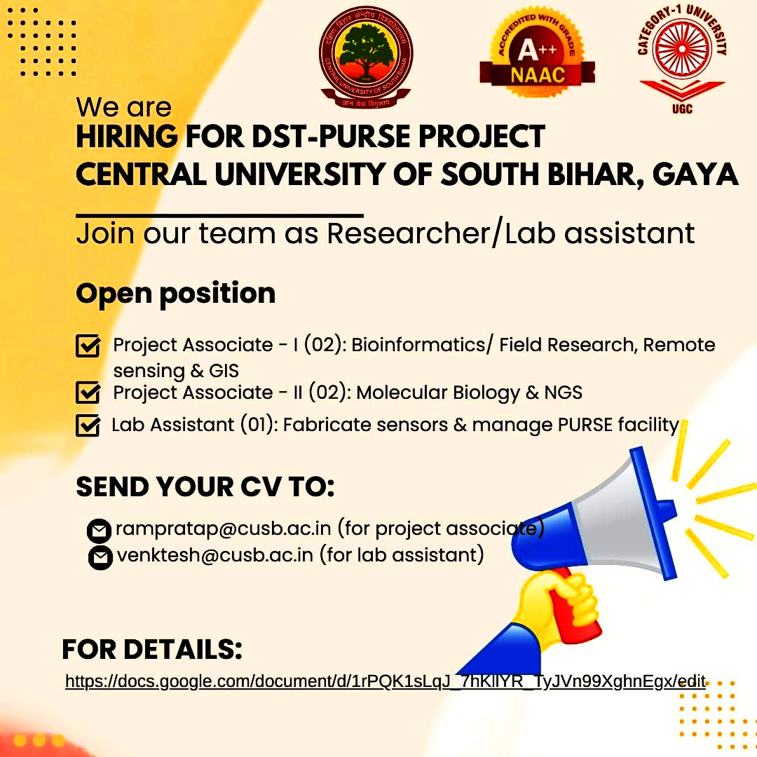 LifeScienceCUSB's tweet photo. Open Position for DST-PURSE Project, Central University of South Bihar, Gaya.
For details follow the link below-
https://t.co/DVb4spG6LD
@CUSBofficial @IndiaDST https://t.co/RC3hljphfh