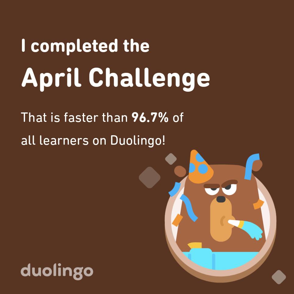 razilia's tweet photo. I completed the April challenge faster than 96.7% of all learners on Duolingo! https://t.co/vuIXUwPQXa