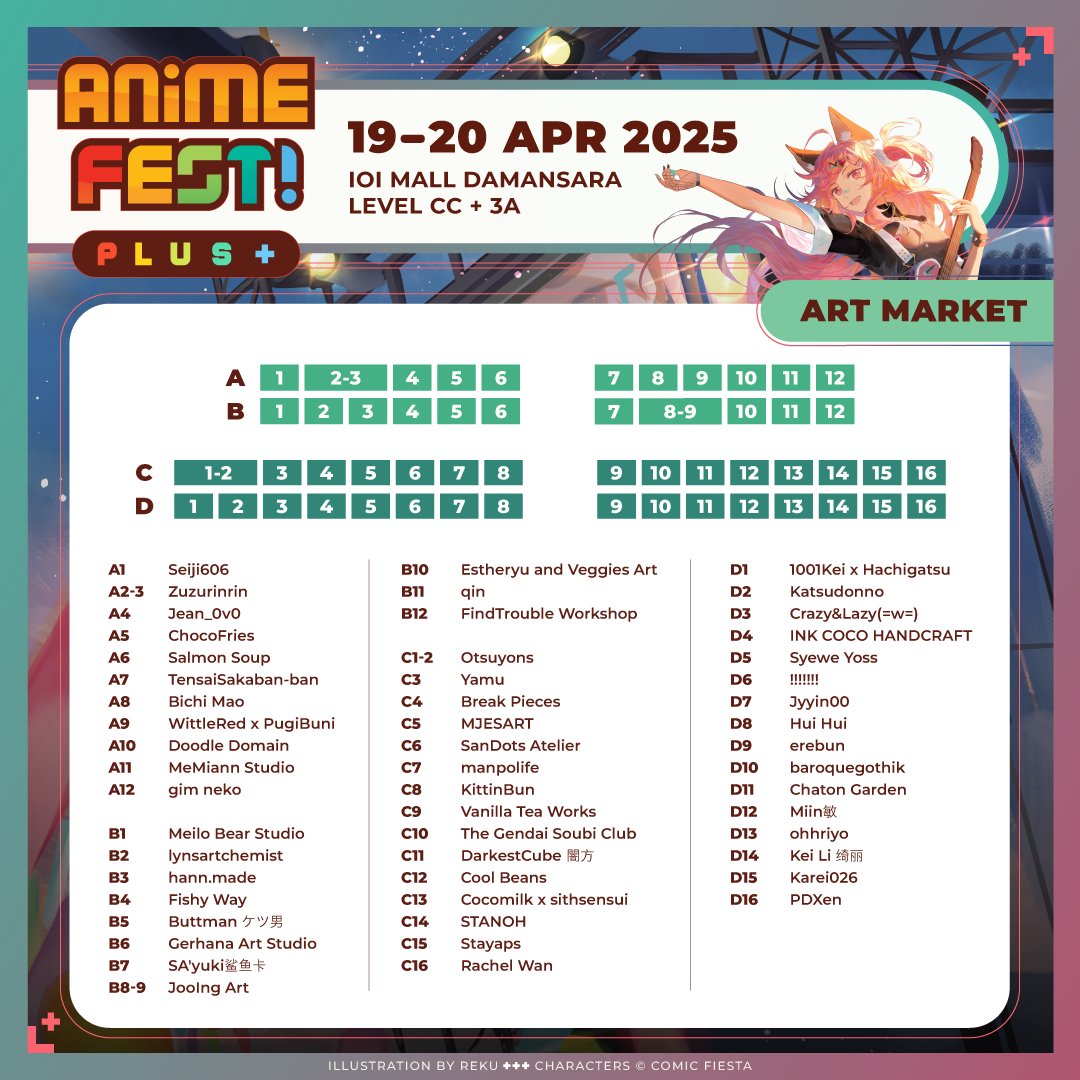 comicfiesta's tweet photo. Anime Fest Plus will be hosting these amazing artists and cosplayers this 19th &amp; 20th April at IOI Damansara!
Visit your favorite artists at level CC and cosplayers at level 3A for awesome merch and more! https://t.co/0etMPQvaj0
