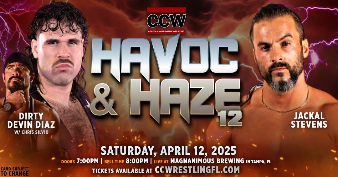 CCWAliveTV's tweet photo. 𝐓𝐎𝐍𝐈𝐆𝐇𝐓!

CCW presents HAVOC &amp; HAZE 12 in Tampa, FL

Featuring:

@DillonMcQueen vs @ItsChaChaTime - Tennessee Heavyweight Title Match

@DirtyDevinDiaz vs Jackal Stevens

@TheCheesePW vs @EddieTaurus

Kristin Blaze vs @TheClaraChange

+ more

🎟️ Tix: https://t.co/pkllkEWVTg https://t.co/yNskDqSF7c