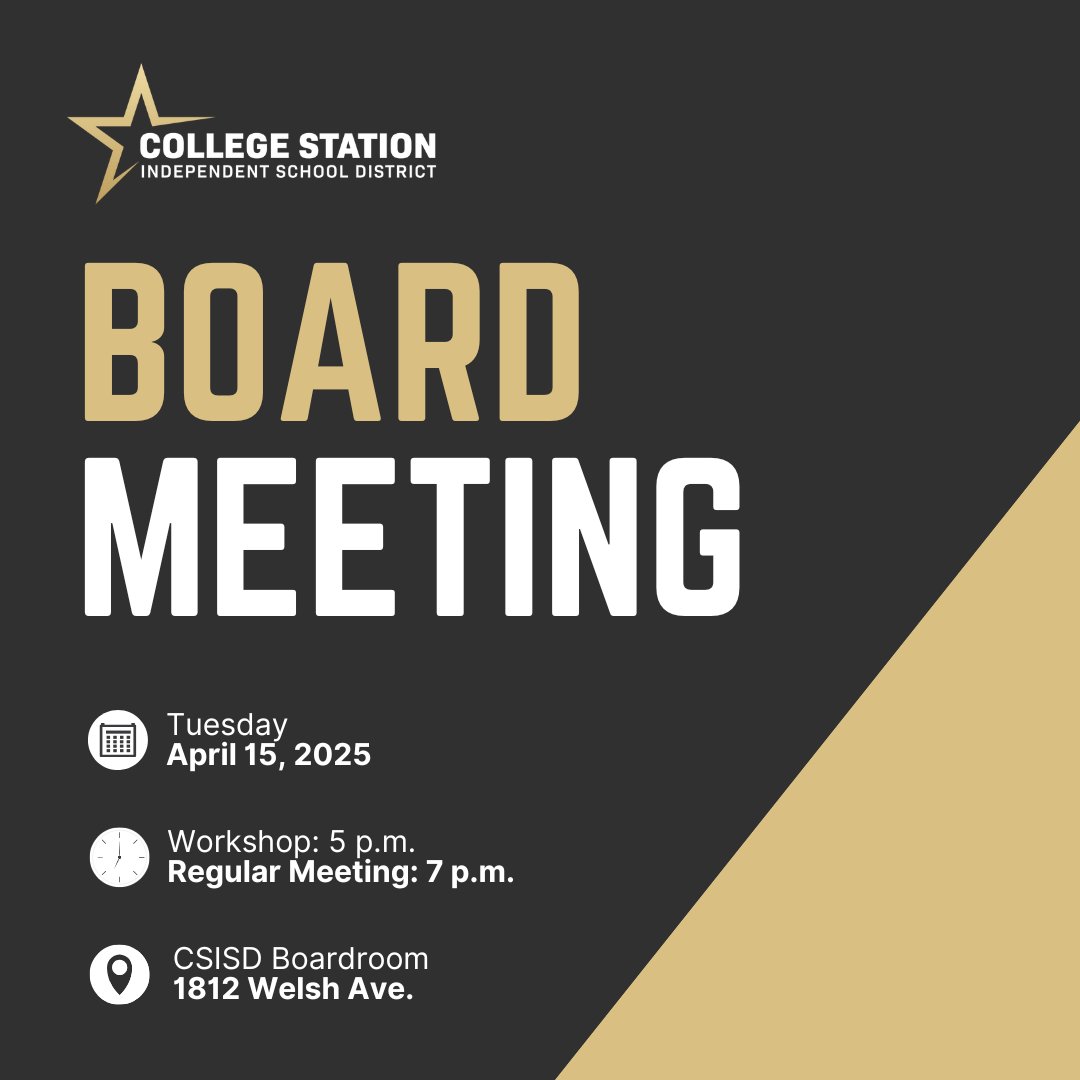 CSISD's tweet photo. The #CSISDBoard will meet on Tuesday, April 15 at 5 p.m. for a workshop and 7 p.m. for a regular meeting in the CSISD Boardroom (1812 Welsh Ave.)
View agendas, access livestream, and request to address the Board: https://t.co/1LYJxPXn2Y https://t.co/QT8OGmcfu8
