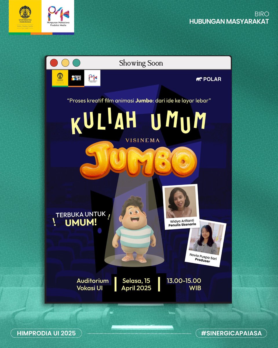 himprodia_ui's tweet photo. YEY SENENG BGT MIMIN HARI INI BISA NONTON JUMBO 😍

eh tapi kalian tau ga sih kalau…

Produksi Media UI ada kuliah umum bareng VISINEMA juga Penulis Skenario dan Produser animasi JUMBO loh 🤩 cus tanpa basa-basi, langsung aja cek ig @himprodia.ui untuk reservasi‼️

#BuzzerJUMBO https://t.co/skXAd6Qdzp