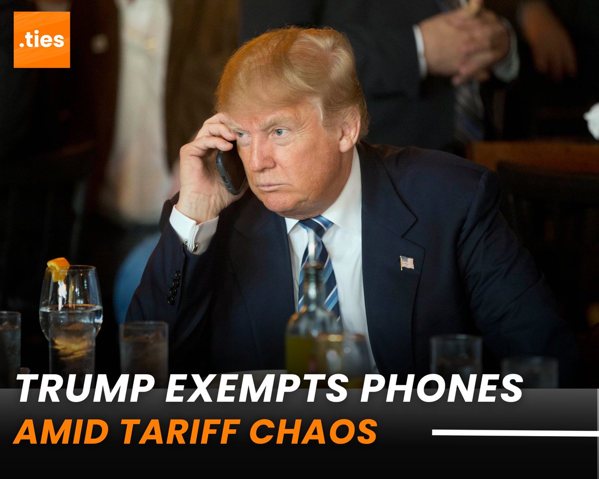 TiesIndia's tweet photo. Trump Exempts Phones Amid Tariff Chaos

#Trump spares smartphones, laptops, and chips from his 145% China tariff.

A win for #Apple and #Samsung, but critics call it favoritism as tech giants cozy up to the administration.

#TrumpTariffs #TechRelief #iPhone16 https://t.co/fvk0iKnxey