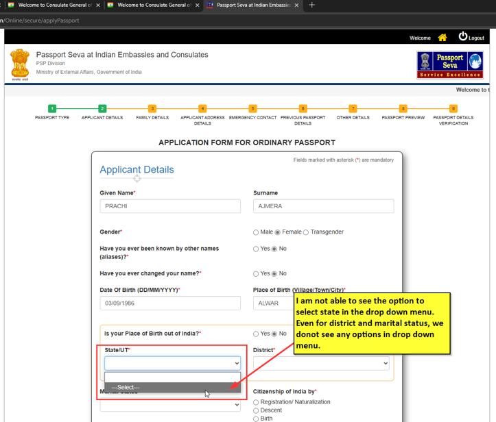 vivajmera's tweet photo. @cgihou @DrSJaishankar 
6days &amp; no resolution. Consulate not able to understand the problem. People are facing problem. In pasport rnwl form, we don't see an option to selct  place of birth like state &amp; district in the drop down menu. So, no way to complete the form. See below https://t.co/4JdOv6uQQQ