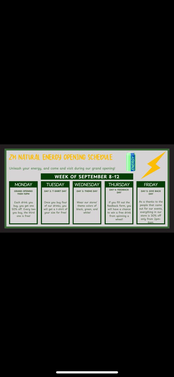 visualgrapher20's tweet photo. Here we have my own creation of a social marketing campaign. This is the schedule of our grand opening for our store(s). Every day during the week there are different events, including limited time rewards for participating! Come out and enjoy the fun! #su2412 #energy https://t.co/paSeTAwceK
