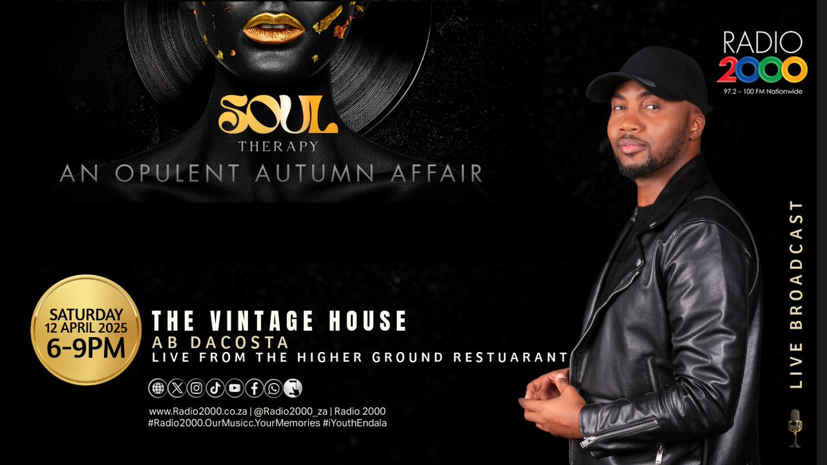 Radio2000_ZA's tweet photo. ✨It's #TheVintageHouse with  mei Chomi AB Dacosta, bringing that smooth blend of elegance and soul straight from 🎙️ #SoulTherapy — where timeless class meets autumn magic. 

Stay tuned for Real music &amp; Real moments...💃🕺 #TheSlowLife #SoulTherapy @AB_Broadcaster https://t.co/jdKwpHYLkc