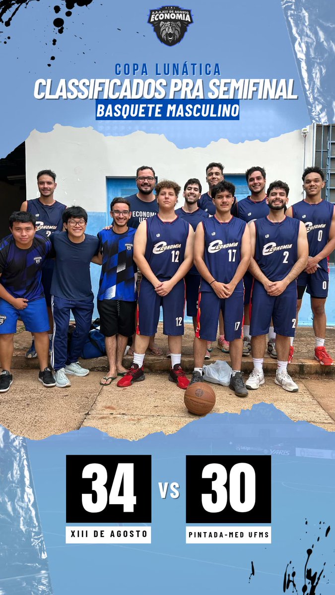XIIIDEAGOSTO's tweet photo. levar a pintada pras semifinais do basquete ❌
levar pintada nas quartas de finais do basquete ✅

Depois de um jogo fácil e controlado nosso time masculino de basquete vence a MED UFMS por 34x30 e segue rumo às semifinais da copa lunática! Vamo ursoooo 🐻💙🤍 https://t.co/liArNssC9X