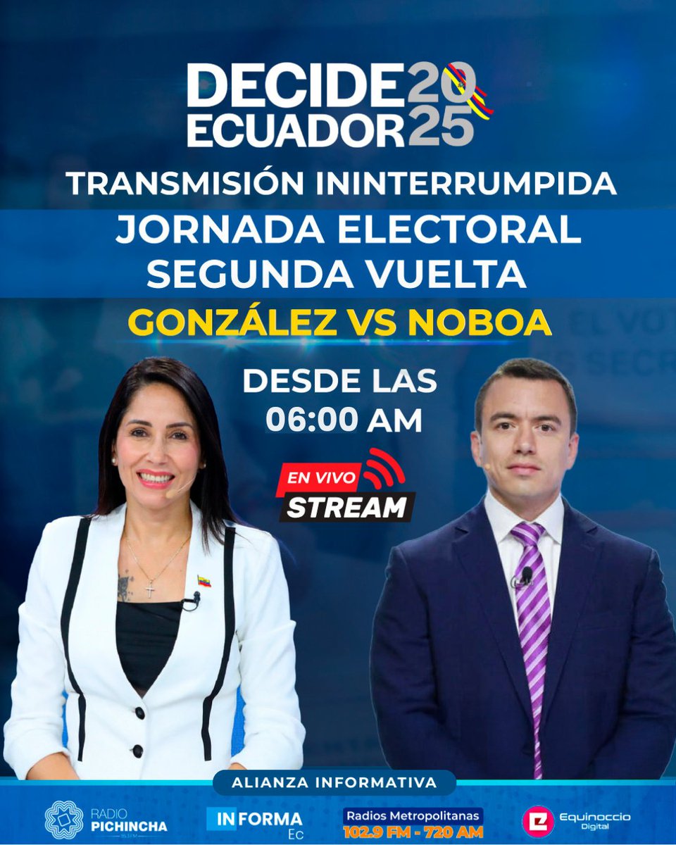 MQ Radio Fm (@mqradiofm) on Twitter photo 🗳️ #DecideEcuador2025 | Este domingo te contamos todos los pormenores de las #EleccionesEcuador2025 en una jornada especial de la alianza informativa de #MQRadioFM, <a href="/radio_pichincha/">Radio Pichincha</a>, #InformaEc y #EquinoccioMedia.
En transmisión ininterrumpida, desde las 06h00.
📅 13 de abril 🗳️ #DecideEcuador2025 | Este domingo te contamos todos los pormenores de las #EleccionesEcuador2025 en una jornada especial de la alianza informativa de #MQRadioFM, <a href="/radio_pichincha/">Radio Pichincha</a>, #InformaEc y #EquinoccioMedia.
En transmisión ininterrumpida, desde las 06h00.
📅 13 de abril