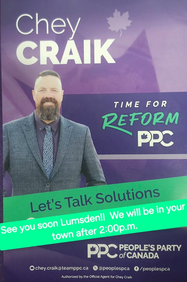 cheycraik's tweet photo. See you this afternoon Lumsden!! At your door and around town, always ready to answer questions & even more ready to represent you in Ottawa! Vote your voice & values, & not their fear.
#cheycraik #MJLCL #ppcplatform #PeoplesPartyofCanada #PPC #canada #MaximeBernier https://t.co/6XL9ZRY6Wp