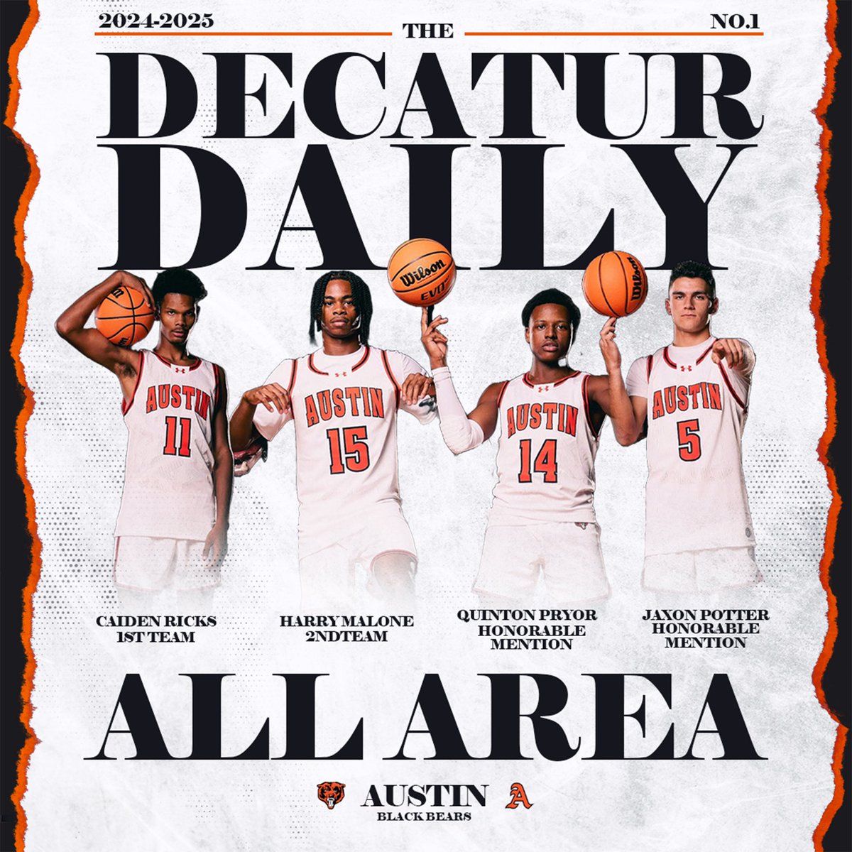 Individual Honors 🏅

Congratulations to our guys on making The Decatur Daily All- Area Team!! 

Caiden Ricks- 1st Team 

Harry Malone - 2nd Team 

Jaxon Potter and Quinton Pryor- Honorable Mention

#BBN #blackbearmentality