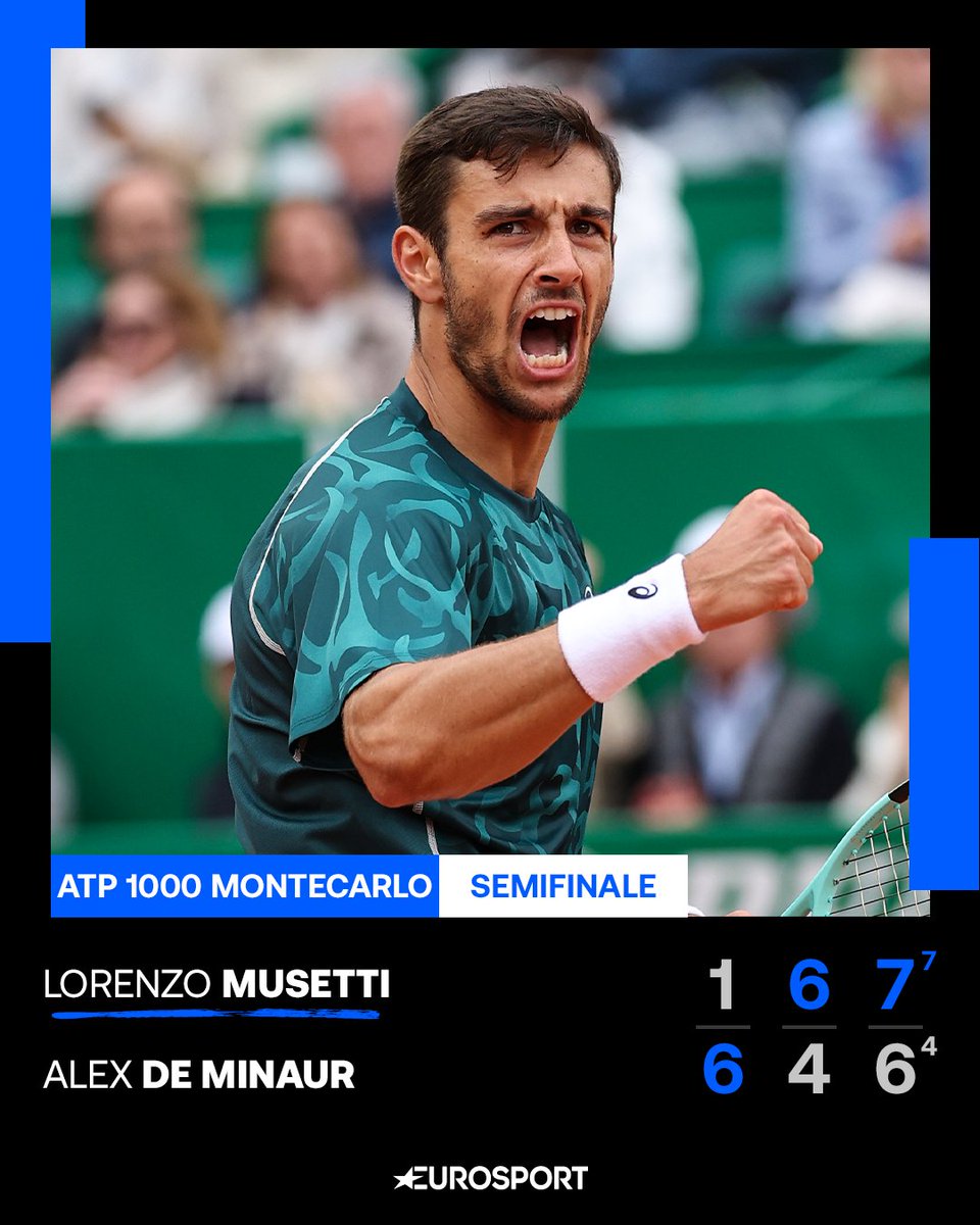 Eurosport_IT's tweet photo. LOLLO IN FINALEEEEEEEEE ❤️‍🔥

Altra rimonta e altra vittoria per Musetti: l'azzurro batte De Minaur e strappa il pass per l'ultimo atto del torneo a MonteCarlo, dove lo aspetta Alcaraz 🎾🏆🇲🇨

#EurosportTENNIS #Tennis #RolexMonteCarlosMasters #Musetti https://t.co/AiMHXWUl2Q