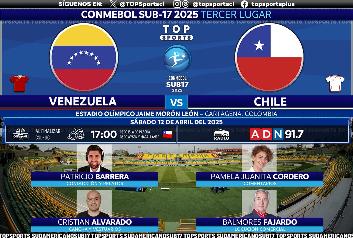 CONMEBOL #Sub17 ⚽️🌎 Tercer Lugar
🇻🇪 #Venezuela - #Chile [#LaRojaSub17] 🇨🇱

🎙️ <a href="/Grillodelgol/">Grillo del Gol</a> 
🎙️ <a href="/PamelaJuanita/">Pamela J. Cordero</a> 
🎙️ <a href="/cr_alvarado83/">Cristian Alvarado</a> 
🎙️ Balmores Fajardo

#⃣  #ADNConLaRoja #ADNDeportes - #SudaméricanoSub17
📻 <a href="/adnradiochile/">Radio ADN</a> 
🔃❤️