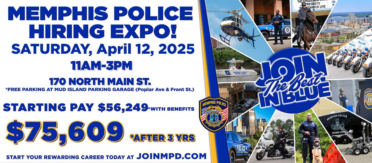 🚨 HAPPENING NOW 🚨

Ready to Join the Best in Blue? Come out to the Hiring Expo, from 11:00 a.m. to 3:00 p.m., at 170 North Main Street!

FREE parking at Mud Island parking lot!

#ApplyNow #BestInBlue #JoinMPD #HiringExpo #LawEnforcementCareers #YourFutureStartsHere