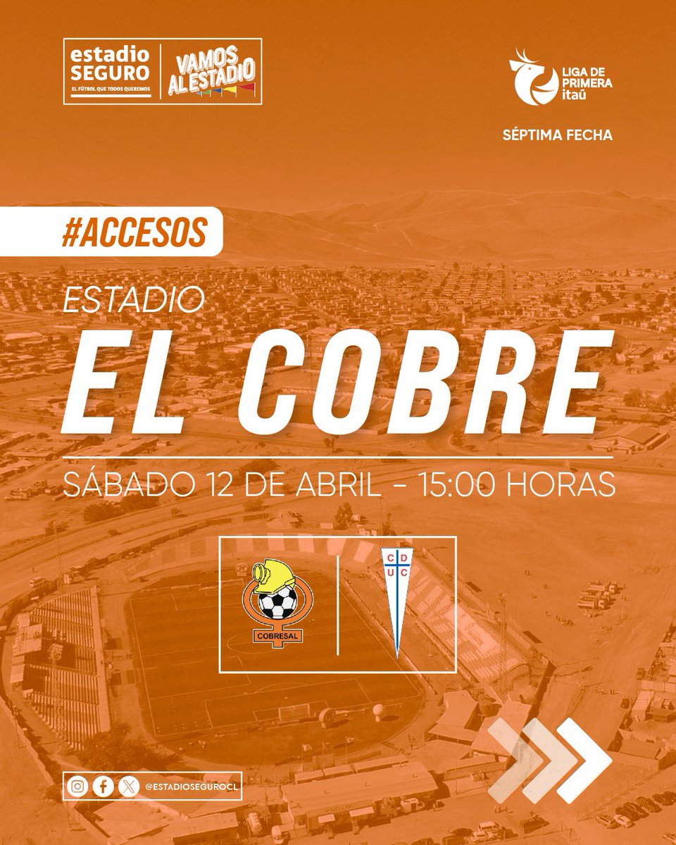 EstadioSeguroCL's tweet photo. Información de accesos para el duelo que sostendrán @ClubDepCobresal y Universidad Católica

Mineros y @Cruzados se enfrentan desde las 15:00 horas en el Estadio El Cobre de El Salvador. Las puertas del recinto se abren 120 minutos antes del pitazo inicial. https://t.co/6pMn46cqcM