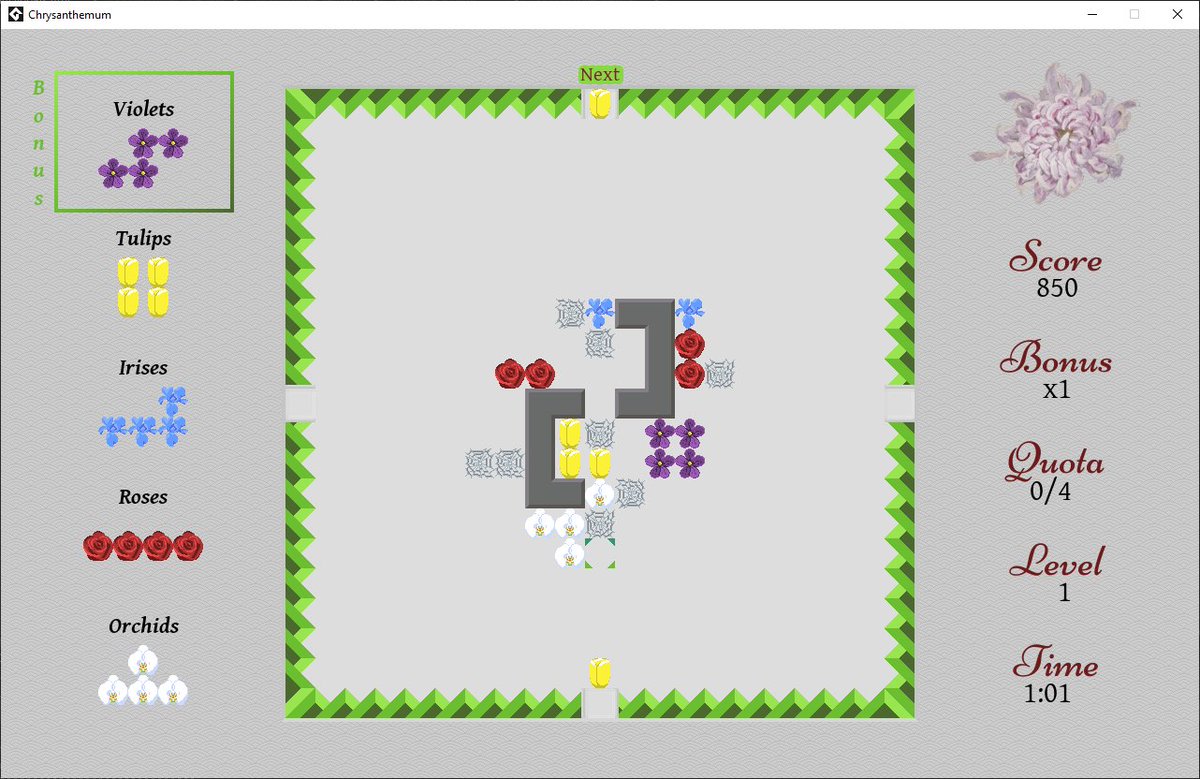 In Chrysanthemum, if you let a flower out of bounds, cobwebs will appear. I accidentally let a flower escape trying to take a screenshot and now a cobweb blocks the completion of a set of tulips.

The game is in a brief beta period. Release in about a week!
#indiegame #indiedev
