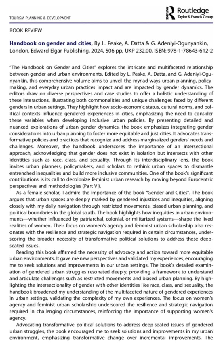 Tourism Planning and Development Journal (@tpd_journal) on Twitter photo Featuring this #BookReview of <a href="/ElgarPublishing/">Elgar Publishing</a>’s “Handbook on Gender and Cities”.
👉Published via <a href="/TPD_Journal/">Tourism Planning and Development Journal</a> !
tandfonline.com/doi/full/10.10…
#Tourism <a href="/tandfonline/">Taylor & Francis Research Insights</a> <a href="/tandfnewsroom/">Taylor&Francis News</a> <a href="/tandfhss/">T&F Social Sciences and Humanities</a> <a href="/tandfsport/">Routledge Sport, Leisure, and Tourism</a> <a href="/WeAreTandF/">Taylor & Francis</a> Featuring this #BookReview of <a href="/ElgarPublishing/">Elgar Publishing</a>’s “Handbook on Gender and Cities”.
👉Published via <a href="/TPD_Journal/">Tourism Planning and Development Journal</a> !
tandfonline.com/doi/full/10.10…
#Tourism <a href="/tandfonline/">Taylor & Francis Research Insights</a> <a href="/tandfnewsroom/">Taylor&Francis News</a> <a href="/tandfhss/">T&F Social Sciences and Humanities</a> <a href="/tandfsport/">Routledge Sport, Leisure, and Tourism</a> <a href="/WeAreTandF/">Taylor & Francis</a>