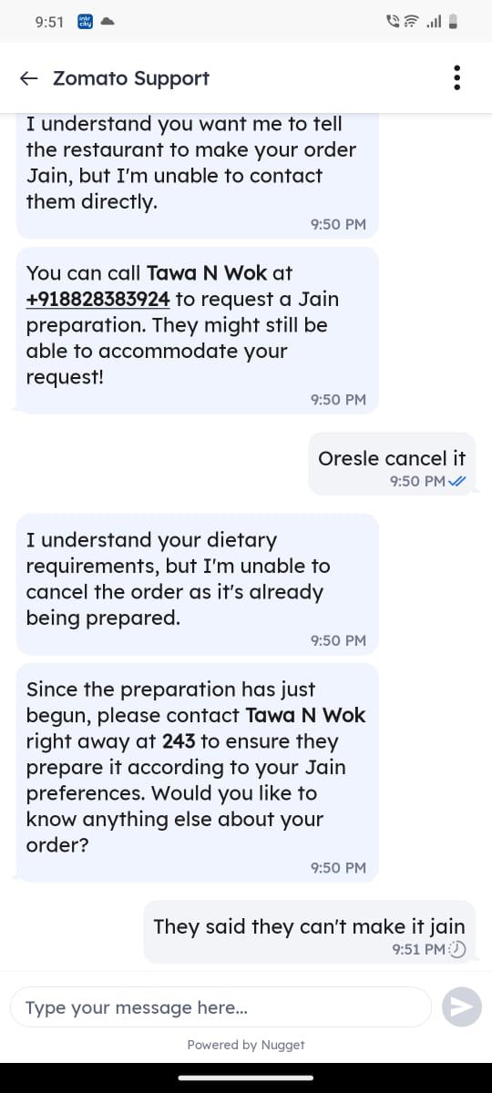 manusjain50's tweet photo. This is how zomato treats jain customers 
#zomato #support #againstjains https://t.co/F6URfOWAaY