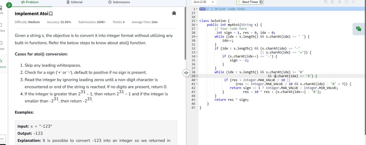 PeramBrahma13's tweet photo. Day 14 of @geeksforgeeks 160
⚡ Implement Atoi
✔️ Skip spaces, handle sign, read digits
✔️ Clamp to 32-bit int range
⏳ TC: O(N) | 🛑 SC: O(1)
#gfg160 #DSA #geekstreak2025 #atoi https://t.co/jK44rFxOjI