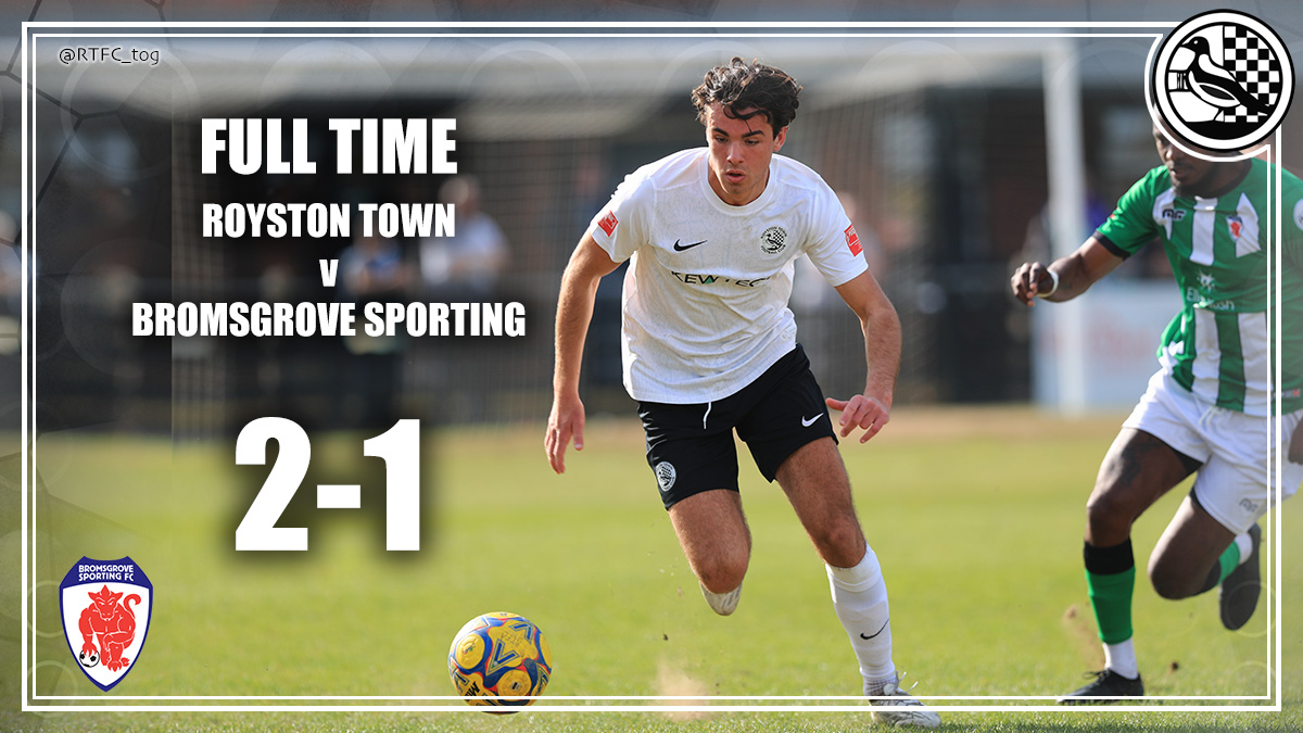 Kev Richards (@rtfc_tog) on Twitter photo FT: <a href="/RoystonTownFC/">Royston Town FC</a> win at home by two goals to one against <a href="/SportingFC/">Bromsgrove Sporting</a>. Goals from Archie and Harvey for the Crows. FT: <a href="/RoystonTownFC/">Royston Town FC</a> win at home by two goals to one against <a href="/SportingFC/">Bromsgrove Sporting</a>. Goals from Archie and Harvey for the Crows.