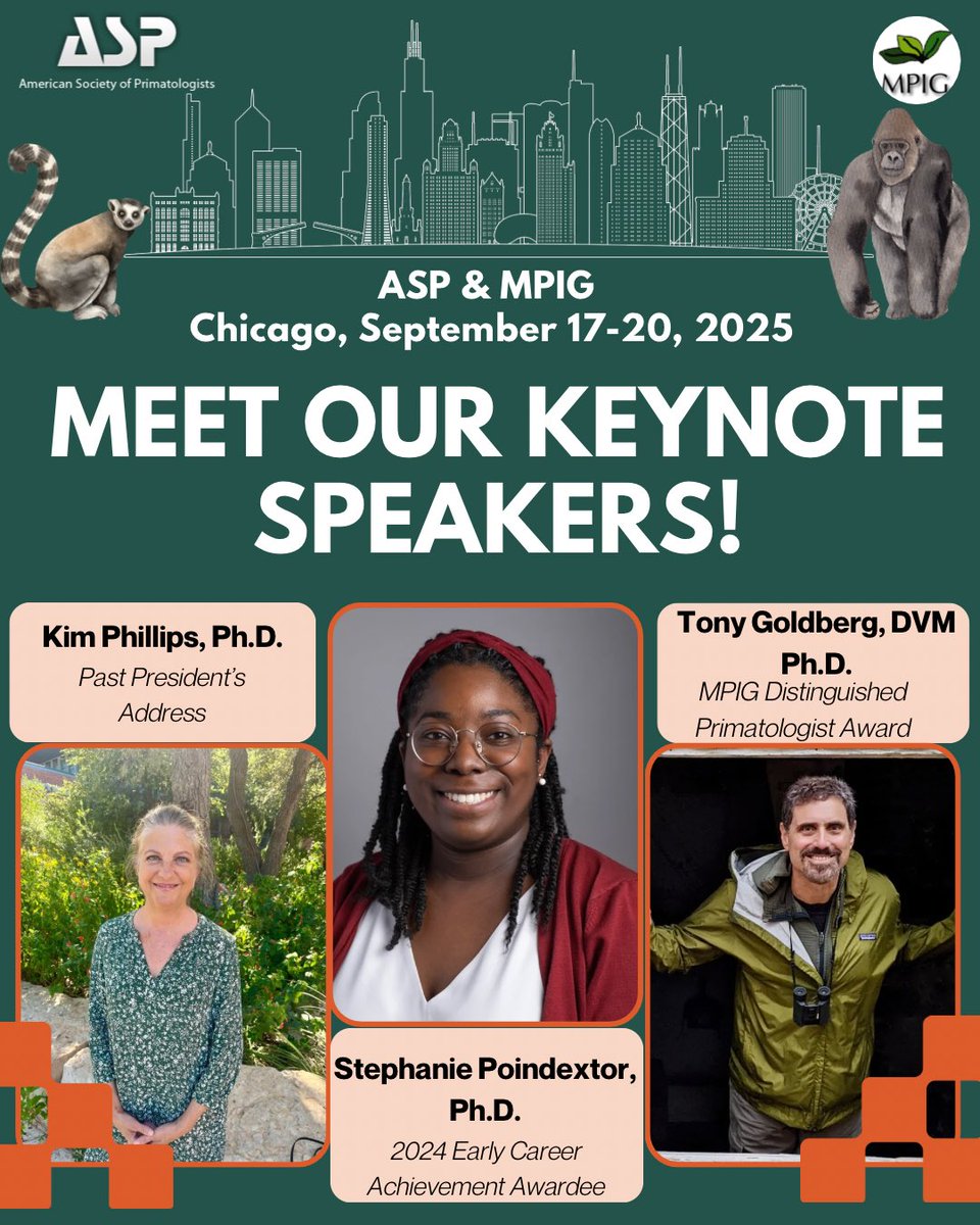 ASPvoice's tweet image. 🙊 Meet the ASPxMPIG 2025 Keynote Speakers!
⭐️ Kim Phillips, Ph.D.
⭐️ Stephanie Poindextor, Ph.D.
⭐️ Tony Goldberg, DVM, Ph.D.
Early Registration is now open until June 30th. For details visit our website: asp.org/asp-meetings/a…
#primatology #aspvoice #ASPxMPIG #research