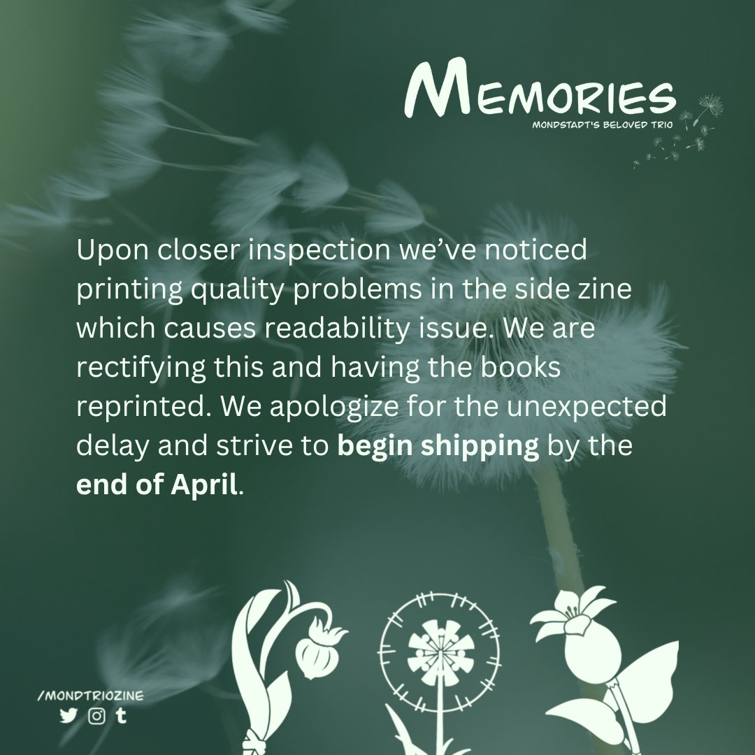 mondtriozine's tweet photo. ❗️DELAY NOTICE❗️
To ensure that everyone will have a great zine experience, we are reprinting the side zine to fix readability issues. Regretfully, this has caused further delays. We apologize for any inconveniences and appreciate your patience.
#ProductionUpdates #MondTrioZine https://t.co/d4zRYRRAHz