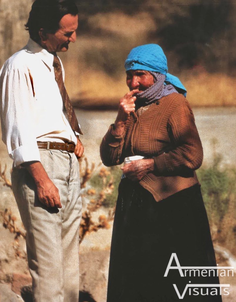 History teacher Hambardzum Kayayan photographed with a resident of Bjni, 1985.