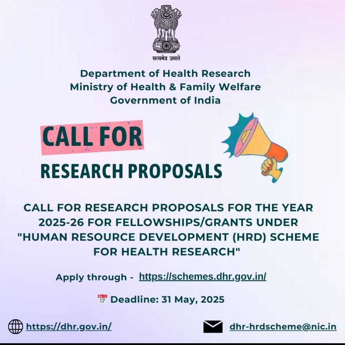 Sanjeev Varshney (@skvdst) on Twitter photo Research proposals invited by the <a href="/DeptHealthRes/">Department of Health Research, MoHFW</a> under its HRD schemes.
Apply by 31st May 2025 Research proposals invited by the <a href="/DeptHealthRes/">Department of Health Research, MoHFW</a> under its HRD schemes.
Apply by 31st May 2025