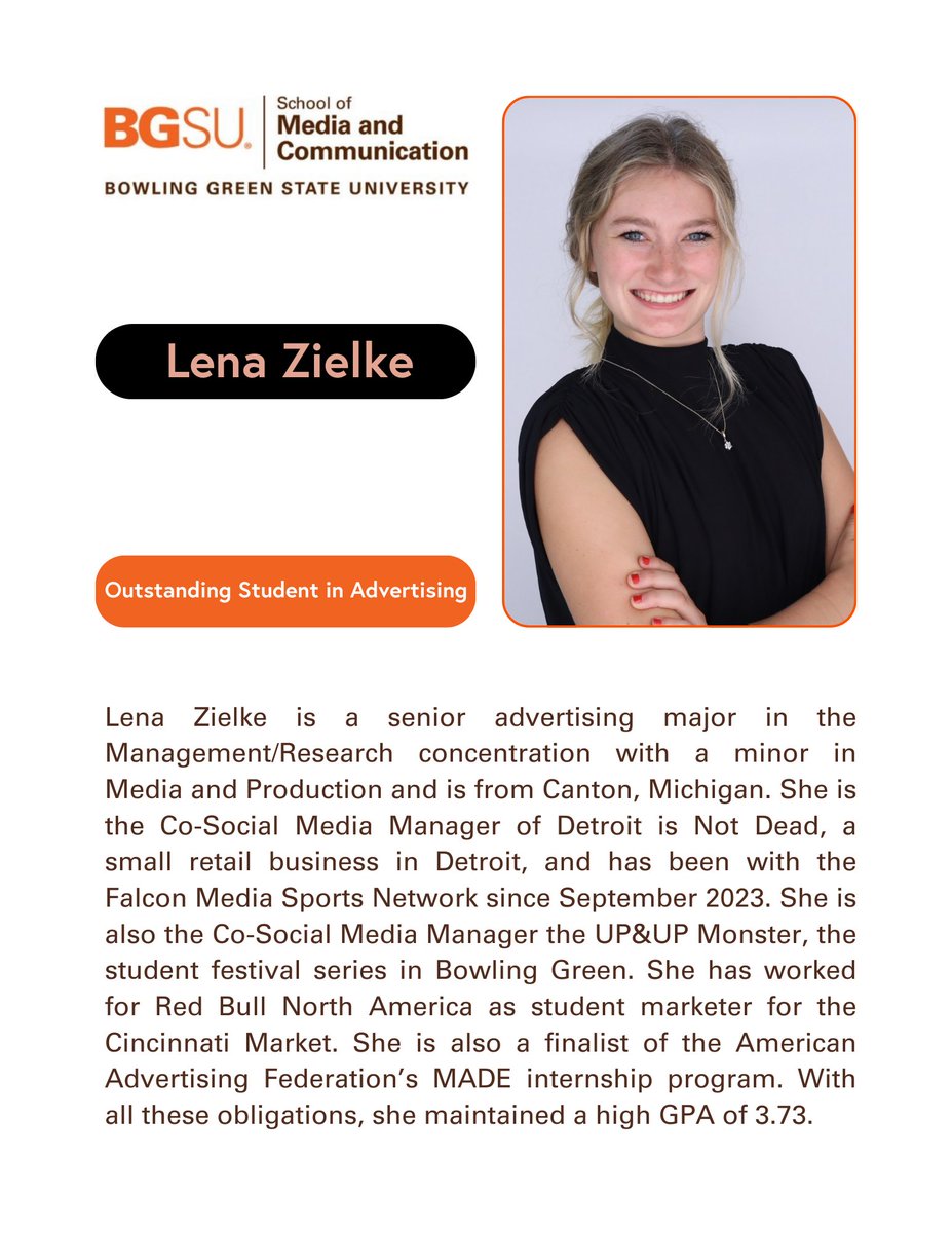 Congratulations to our recipients of the #BGSU School of Media and Communication Outstanding Student in Advertising