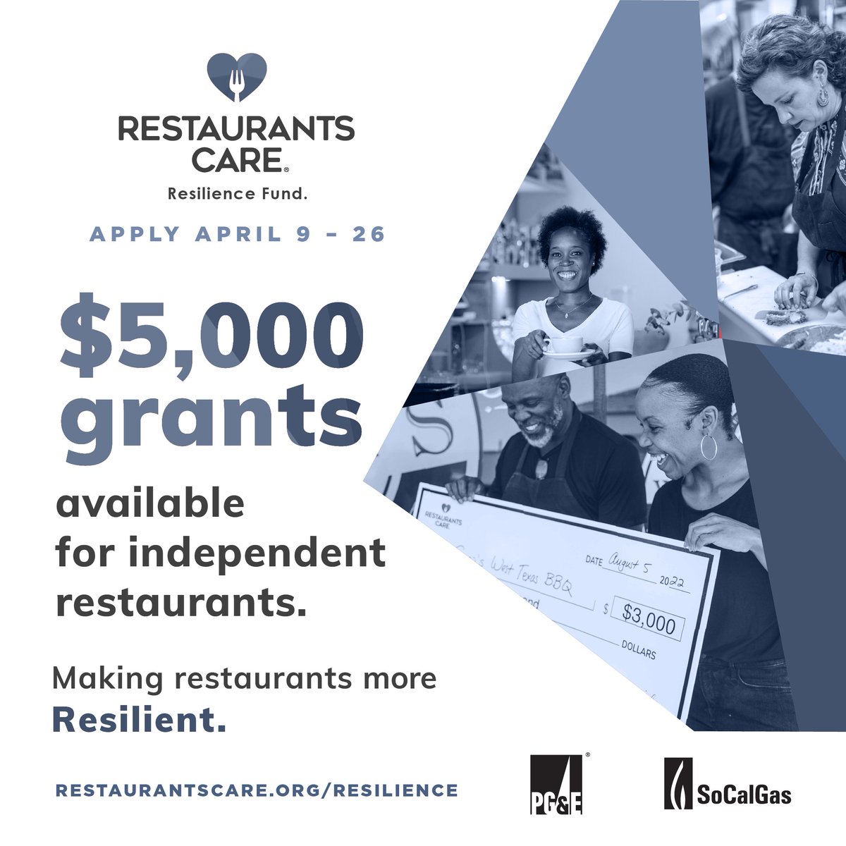 If you are an independent restaurant owner or commercial caterer in select CA counties, you can apply for a $5,000 grant through the <a href="/RestaurantsCare/">Restaurants Care</a> Resilience Fund. The application period is open until 4/26, don’t miss out! Apply today: restaurantscare.org/resilience