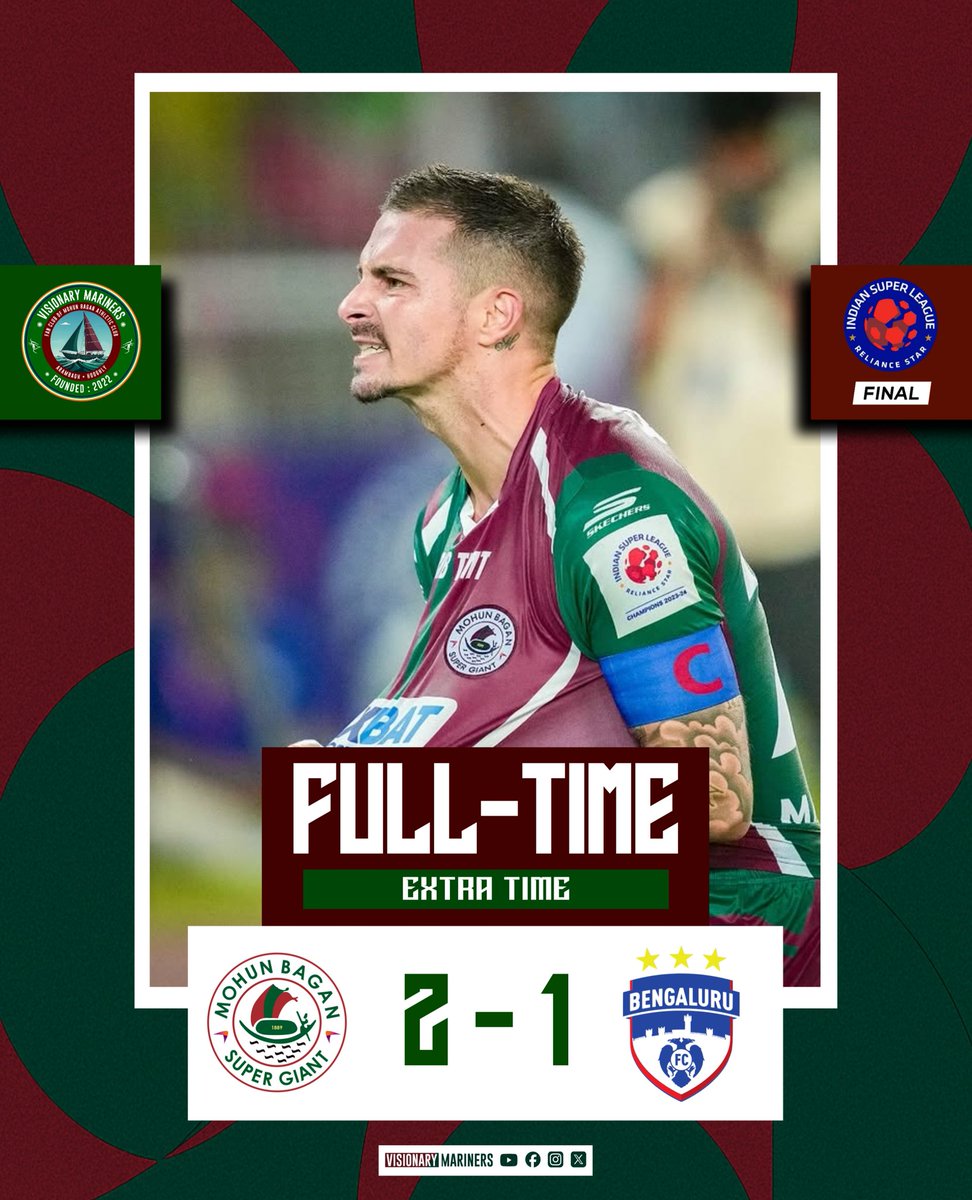 v_mariners's tweet photo. Full-Time (After ET)!!
Leaving the field with 2-1 win!!!
Joy Mohun Bagan 💚❤️
#MohunBagan #আমরাসবুজমেরুন #mohunbagansg #visionarymariners #ISL #letsfootball #ISLFinal #MBSGBFC https://t.co/RTbGKAgHyr