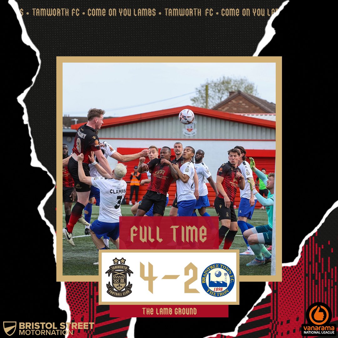 tamworthfc's tweet photo. 𝗙𝗧 | #TAMBRA 🔴 4-2 ⚪️
Back to winning ways. ➕3️⃣
#bristolstreetmotornationtamworth | #COYL 🐑⚽️ https://t.co/HVmQFfDQAy