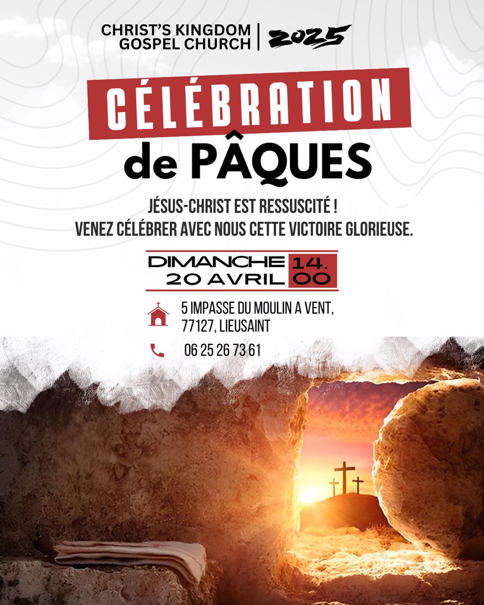 christian_vizea's tweet photo. CKG Church EASTER SUNDAY SERVICE

April 20, 2025

Service Time : 14h00

Christ's Kingdom Gospel Church
5 Impasse du Moulin À Vent,
77127 Lieusaint.

Pr. Christian VIZEARANGAM 
Contact: +33 6 25 26 73 61 https://t.co/Qnz9gLwwnw