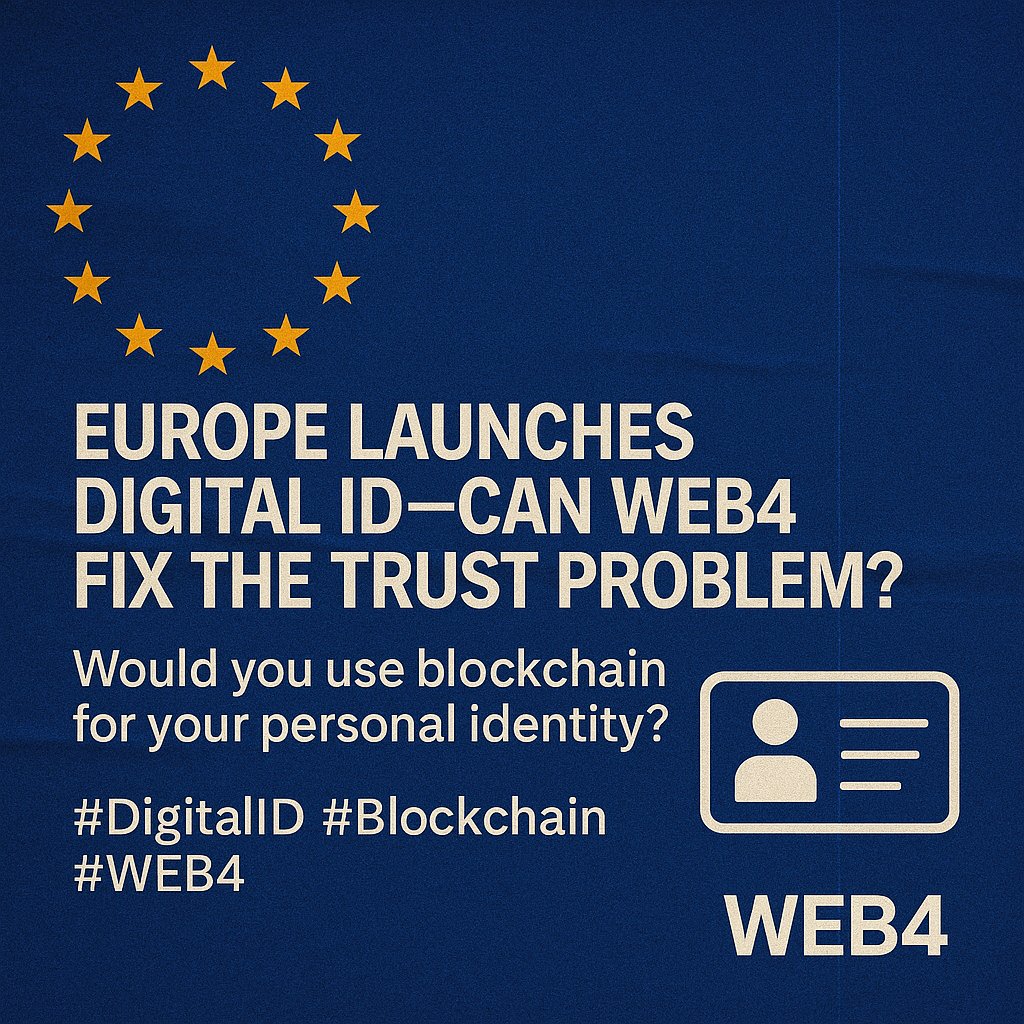 web4Europe's tweet photo. 🇪🇺 Europe Launches Digital ID
The EU is rolling out digital IDs—but are we ready to trust all our data online?
Could WEB4’s decentralized systems return control to users, not institutions?
Would you use blockchain for your personal identity? 🆔
#DigitalID #Blockchain #WEB4 https://t.co/bQAVXRCpgm