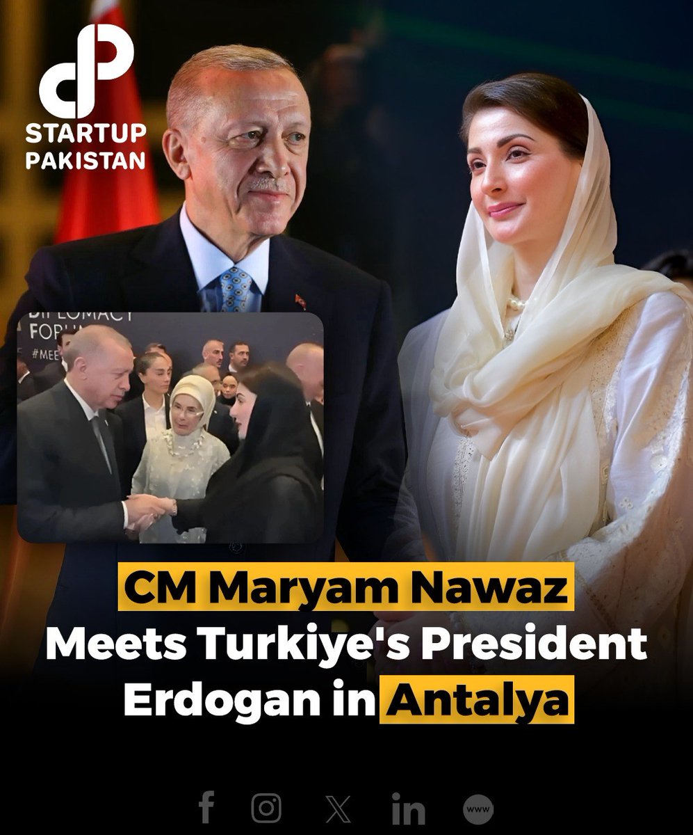 PakStartup's tweet photo. Punjab's Chief Minister Maryam Nawaz Sharif had a warm meeting with Turkish President Recep Tayyip Erdogan and First Lady Emine Erdogan in Antalya.
#MaryamNawaz #Erdogan #AntalyaDiplomacyForum #PakTurkeyRelations https://t.co/lWgJOpZbYj