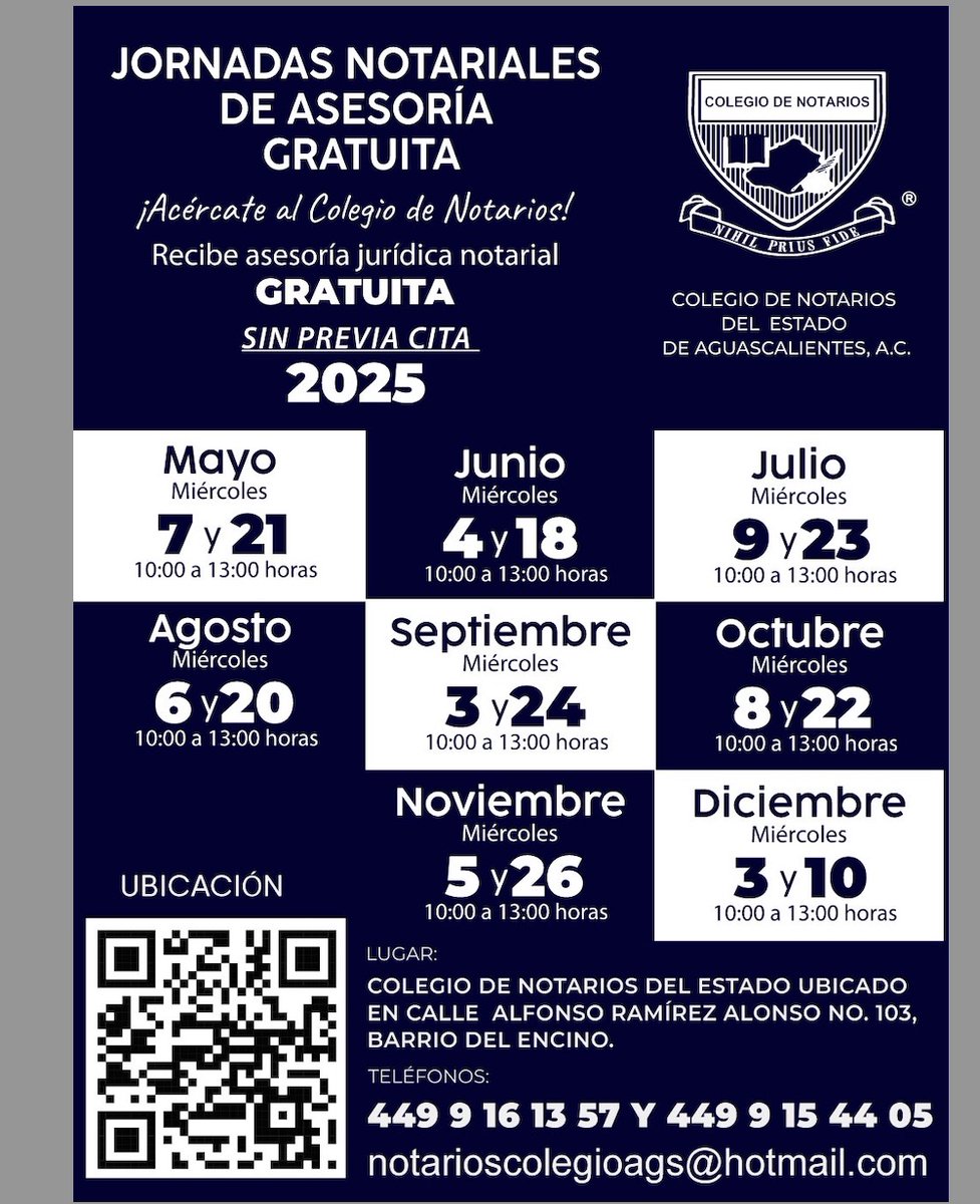 notariadoags's tweet photo. ¡Los invitamos a las Jornadas Notariales de Asesoría Gratuita! Acude SIN PREVIA CITA de 10:00 a 13:00 horas, en la sede de nuestro Colegio📍: https://t.co/mrsoDwjv9D 
¡Los esperamos! Iniciamos el próximo miércoles 7 de mayo. https://t.co/Yztb6GlCOe