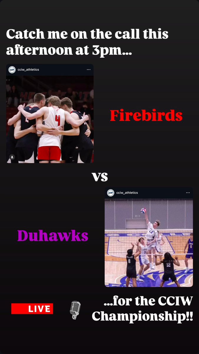 On the call for the Men’s Volleyball CCIW Championship this afternoon at 3pm!! 🎙️